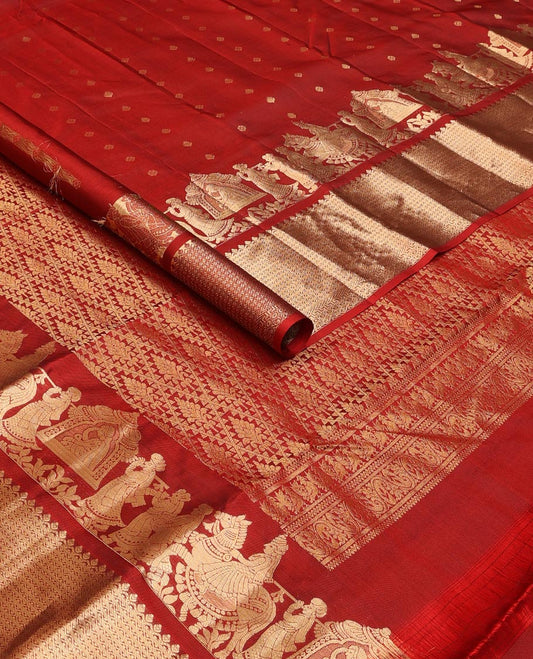 Red zari buttas silk saree, zari wedding-theme zari woven border of thilakam,banaras & neli designs & jaal pallu