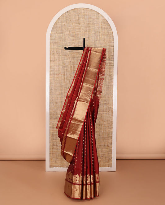 Red zari buttas silk saree, zari wedding-theme zari woven border of thilakam,banaras & neli designs & jaal pallu