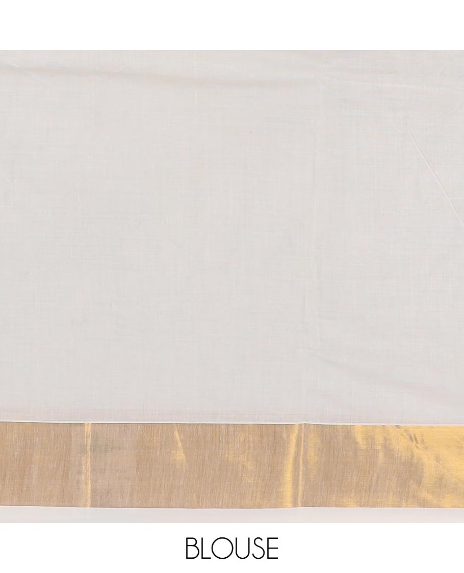 Cream floral motifs embroidered Kerala cotton saree, bavanji border, and floral motifs embroidered pallu