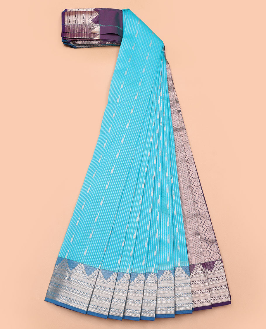 Light blue striped, motifs kora cotton saree with contrast temple border & ogee design pallu