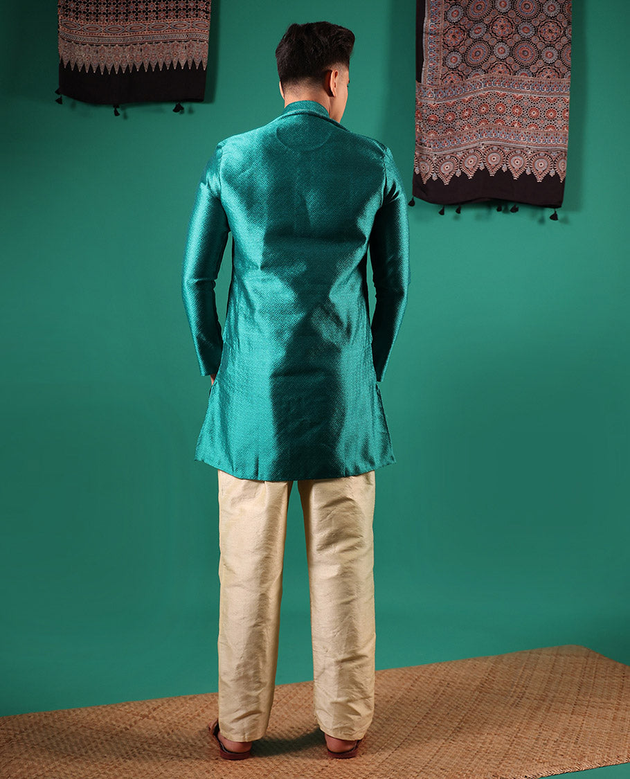 Rama blue peacock eye style diamond patterns embossed full-sleeved men's kurta