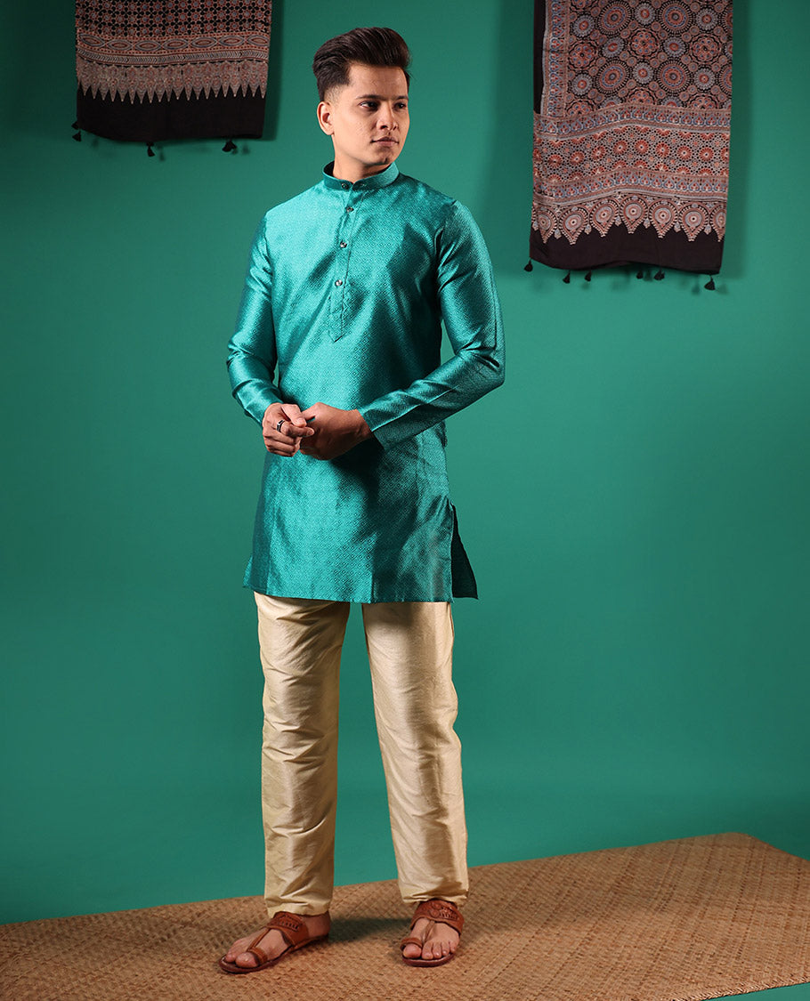 Rama blue peacock eye style diamond patterns embossed full-sleeved men's kurta