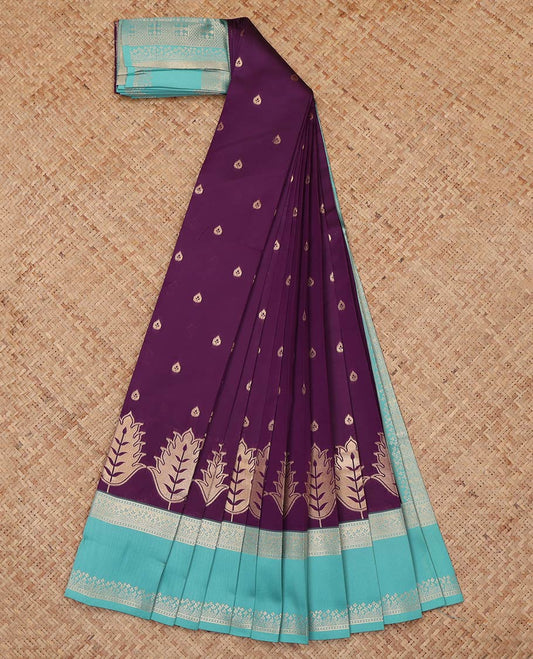 Purple Litchi Saree, Crafted with Zari Buttas, a Contrast Traditional Rettai Pettu Border, Grand Pallu, and a Contrast Blouse