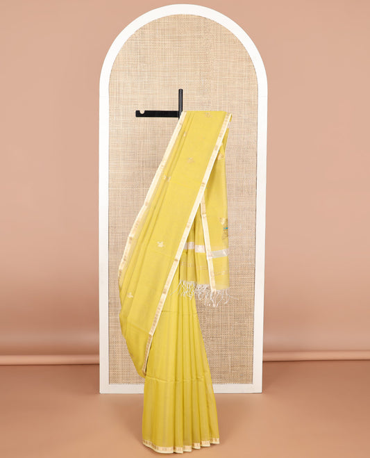 Yellow motifs maheswari cotton saree with contrast zari design border & butterfly motifs pallu