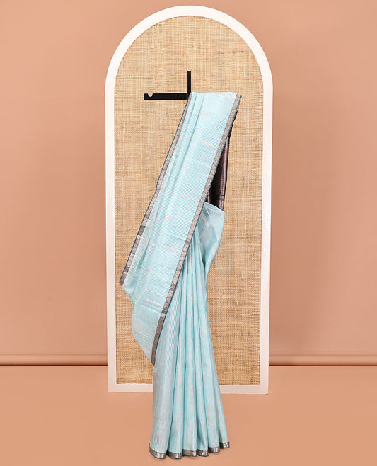 Blue Mayuri Soft Silk Saree, Sparsely Woven with Buttas and Stripes All Over Its Body, Complemented by Contrast Kodi Visiry Border, Pallu of Greek Key, and Manga Designs, and Paired with a Contrast Blouse