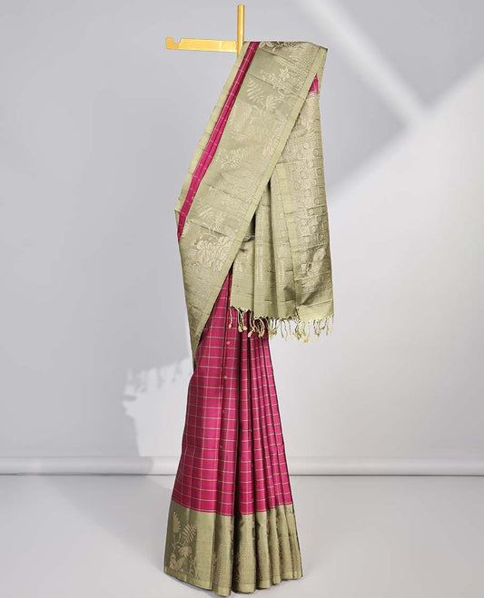 Red checked soft silk saree with contrast floral zari border & checkered design pallu