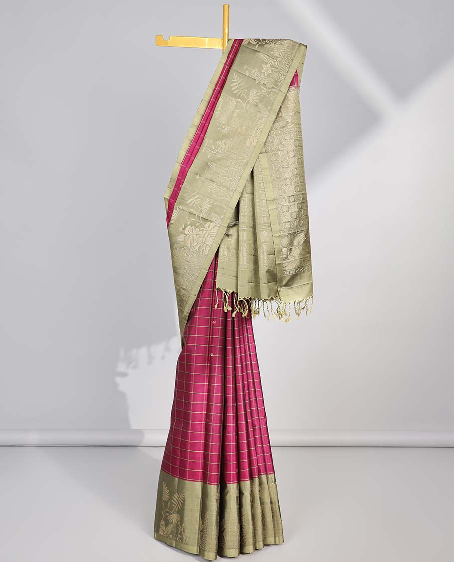Red checked soft silk saree with contrast floral zari border & checkered design pallu