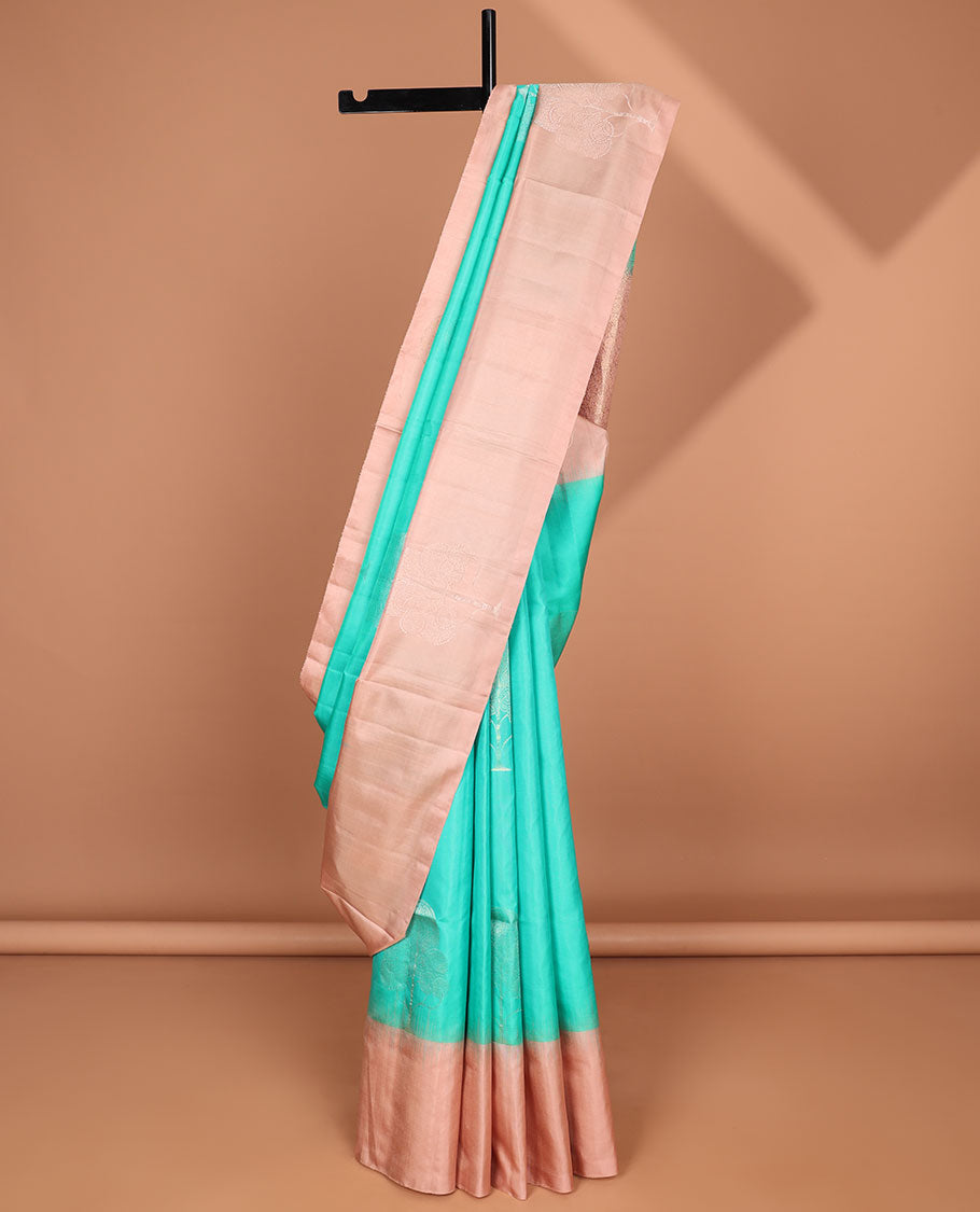 Green tree buttas soft silk saree with contrast zari border & floral zari design pallu