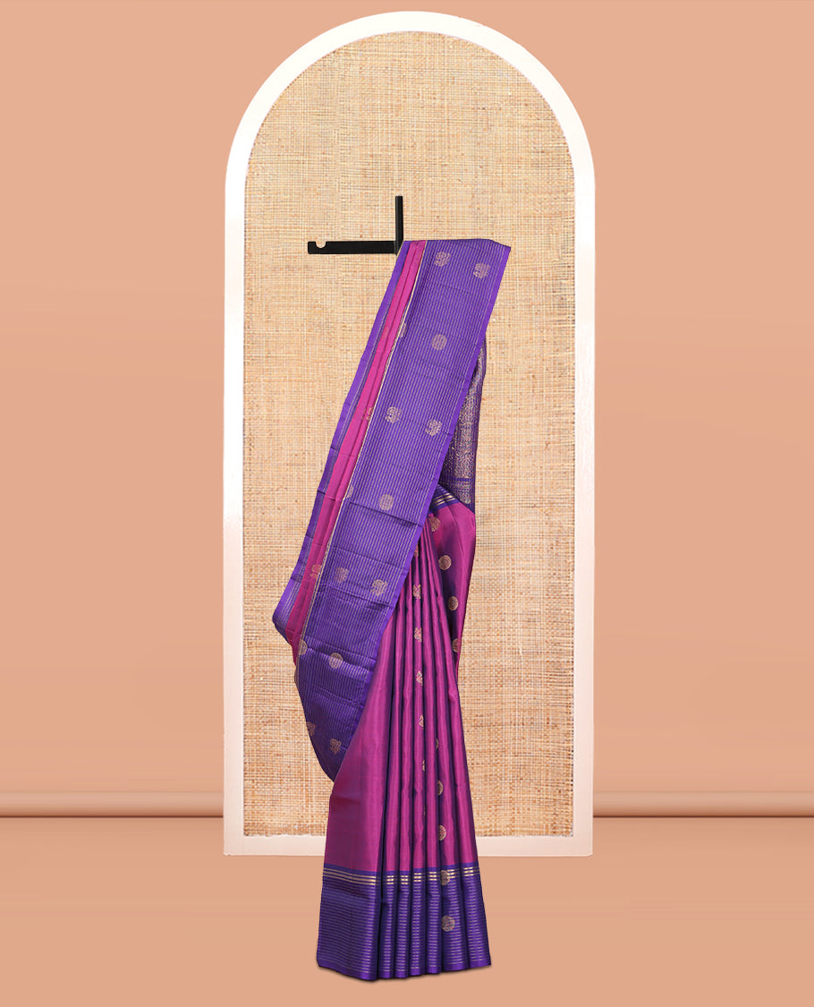 Pink Mayuri Lite Silk Mix Saree, Elevated with Mayil-Chakram Buttas, Complemented By Contrast Striped Border of Mayil-Chakram Design, an Intricate Pallu, and a Contrast Blouse