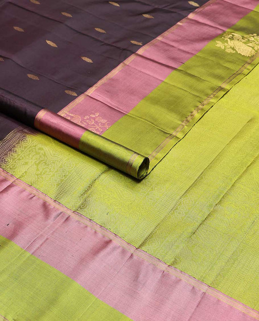 Violet motifs mayuri soft silk saree with contrast floral design border & floral jaal design pallu