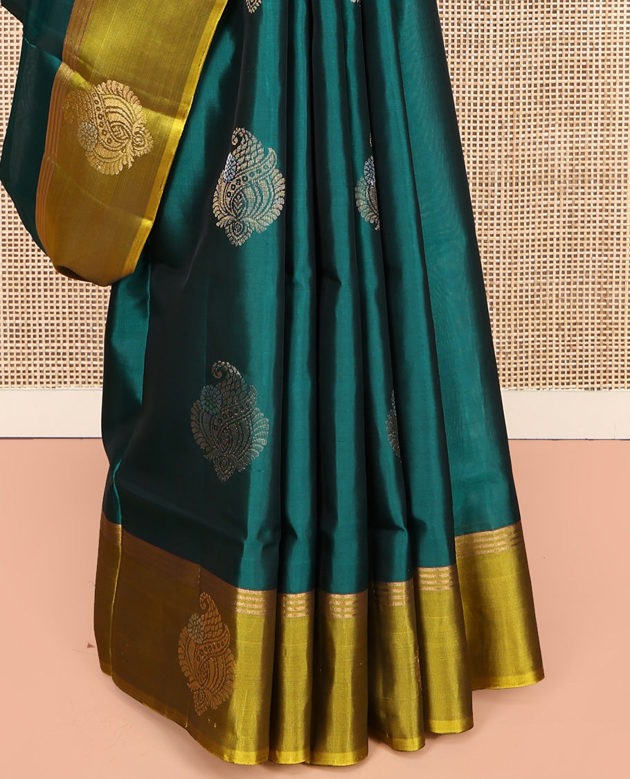 Green Mayuri Lite Silk Mix Saree, Accentuated with Zari Buttas All Over Its Body, Complemented by a Contrast Border, Pallu of Intricate Designs, and Paired with a Contrast Blouse