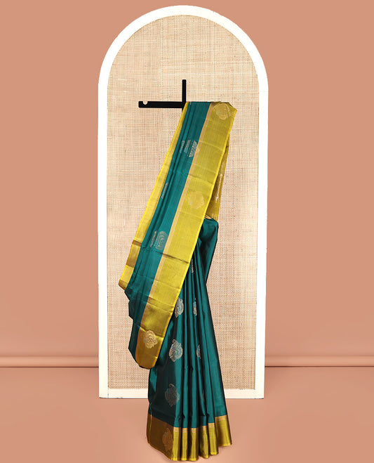 Green Mayuri Lite Silk Mix Saree, Accentuated with Zari Buttas All Over Its Body, Complemented by a Contrast Border, Pallu of Intricate Designs, and Paired with a Contrast Blouse