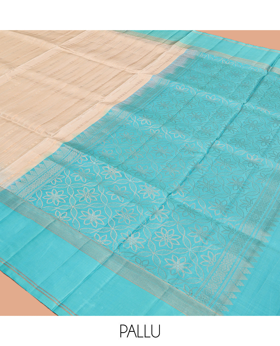 Cream Mayuri Soft Silk Saree, Mesmerized with Zari Stripes, Complemented by a Contrast Zari Striped Border, Zari Design Pallu, and a Contrast Blouse
