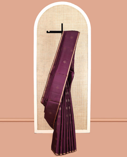 Purple Mayuri Soft Silk Saree, Mesmerized with Kambi Kolam Buttas, a Piping Zari Border, Pallu Steeped with Kambi Kolam Buttas, and a Matching Blouse