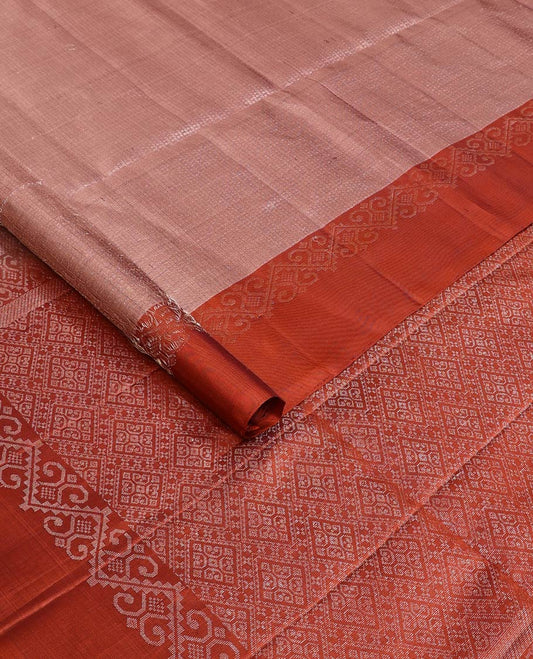 Brown geometric patterned soft silk saree, contrast unique design border, and pallu of jaal design