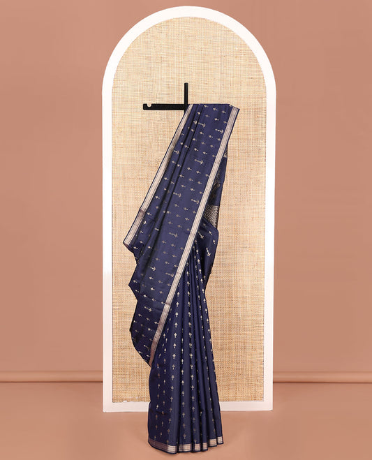 Blue Mayuri Soft Silk Saree, Beautified with Zari Buttas, Highlighted by Zari Piping Border, Pallu of Jamdani-Style Floral and Chevron Designs, and Paired with Matching Blouse