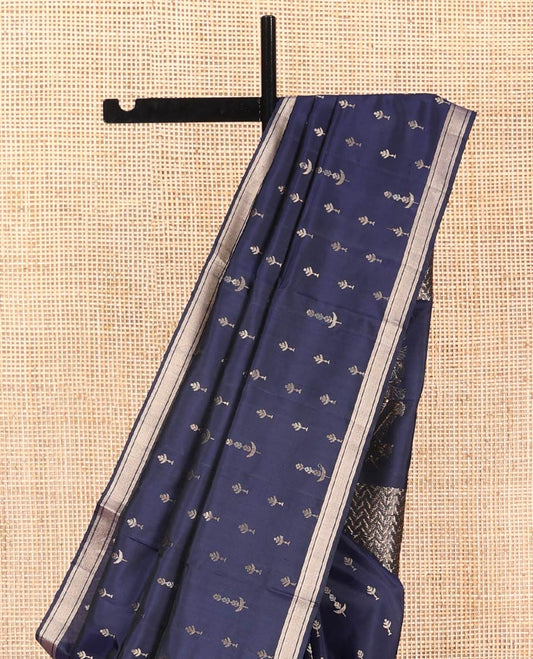 Blue Mayuri Soft Silk Saree, Beautified with Zari Buttas, Highlighted by Zari Piping Border, Pallu of Jamdani-Style Floral and Chevron Designs, and Paired with Matching Blouse