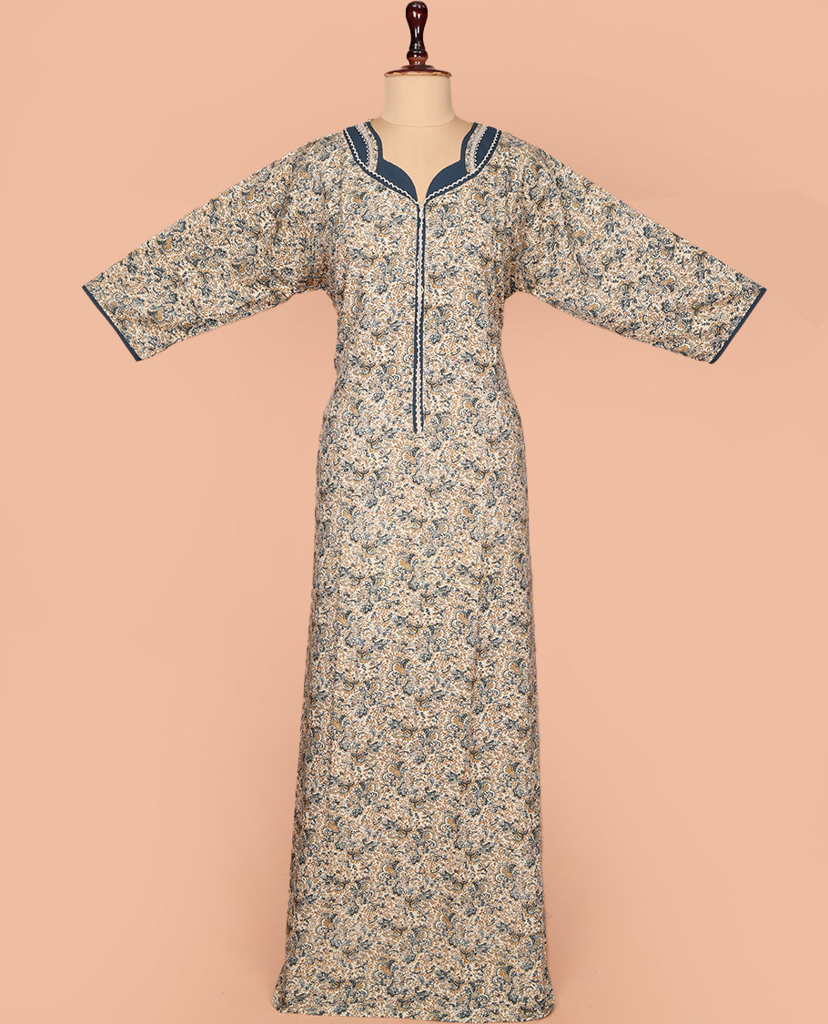Off-White Cotton Nighty Accentuated with Floral Print, Featuring Lace Work, Sweet-Heart-Style Front Neck, and 3/4th Sleeves