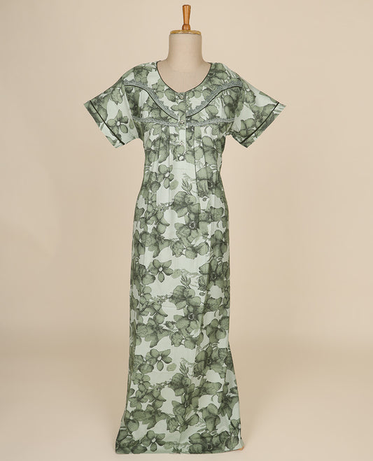 Green floral printed & round neck with lace, cotton half-sleeve nighty