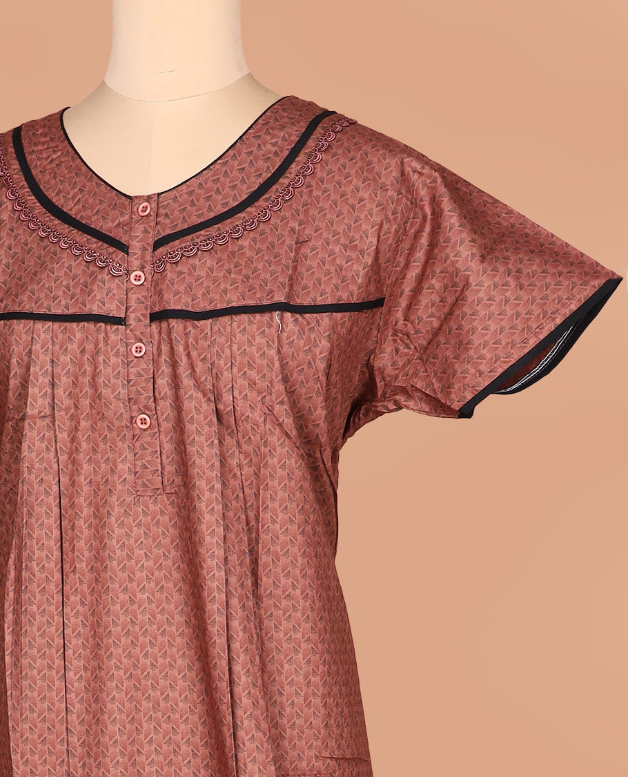 Brown geometric printed with leaf neck lace work, half-sleeve nighty