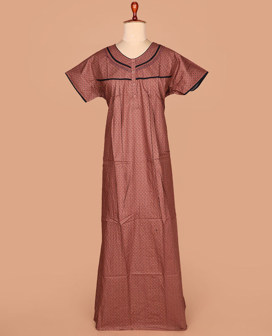 Brown geometric printed with leaf neck lace work, half-sleeve nighty