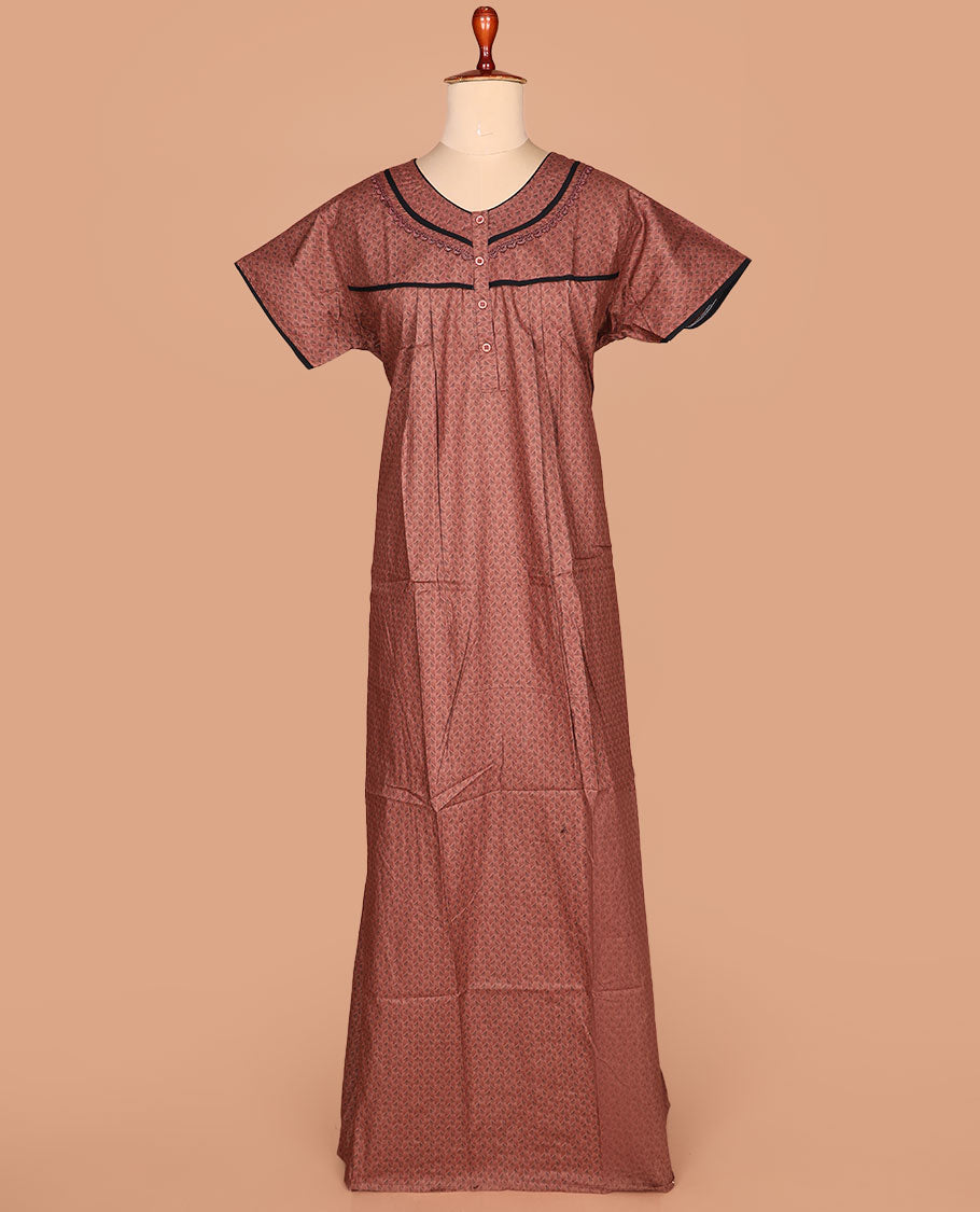 Brown geometric printed with leaf neck lace work, half-sleeve nighty