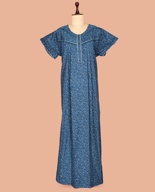 Blue Floral Print Cotton-Blended Nighty