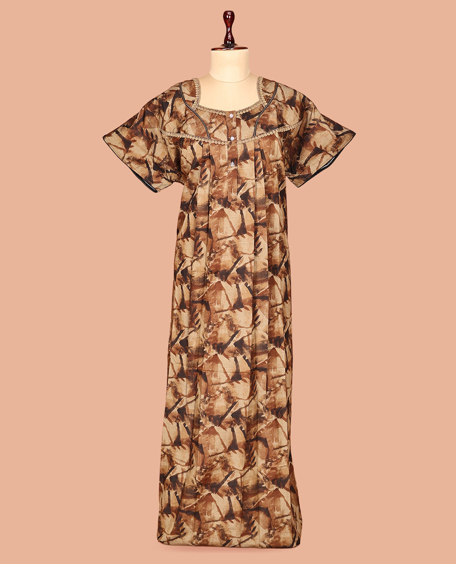 Pale Brown Abstract Print Cotton-Blended Nighty