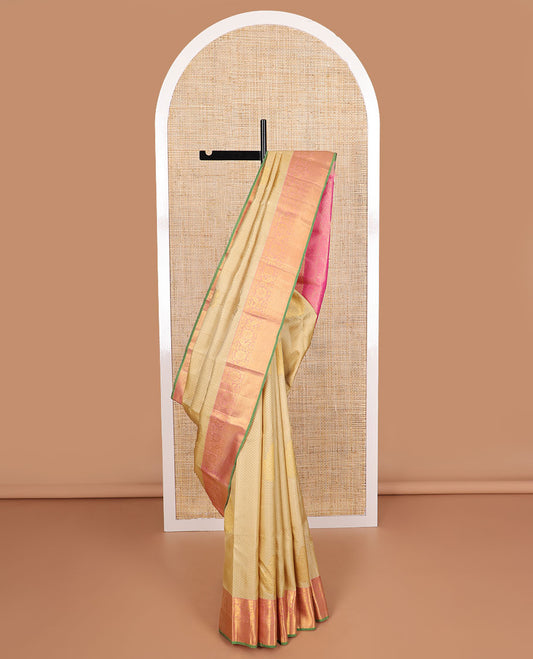 Sandal leaf jaal design silk saree with contrast border of thilakam mokku, banaras design & floral design pallu