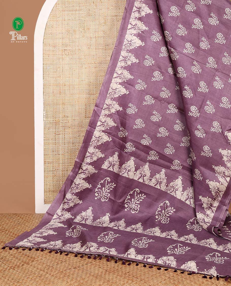 Wine color all-over pathik peacock print semi Khadi silk saree with pathil temple border & printed rich pallu along with printed blouse