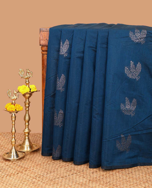Borderless blue thread weaving butta silk cotton saree with rich thread weaving pallu along with plain blouse