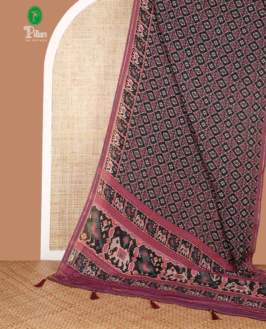 Black pochampally digital printed fendy crepe saree with swarovski stone, lace border & self pallu along with plain blouse