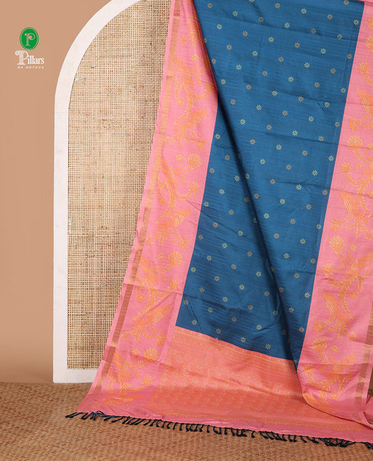 Blue small flower butta printed katan silk saree, contrast flower & parrot motif printed border, printed pallu & blouse