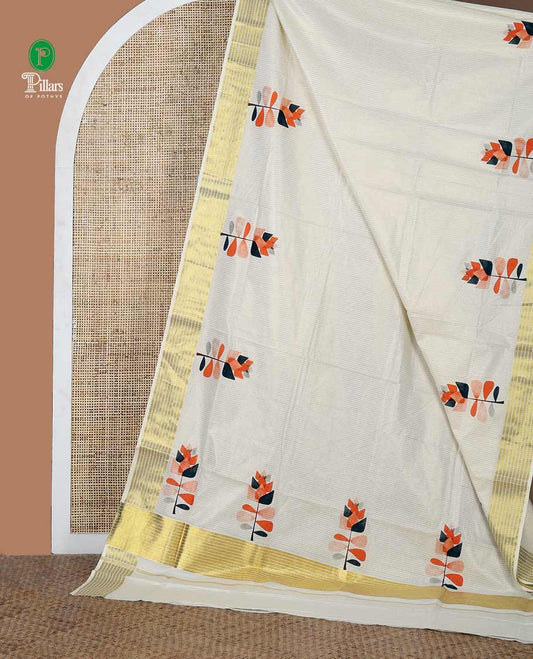 Cream vertical zari striped Kerala cotton saree, zari border & pallu of tree-style motifs screen print