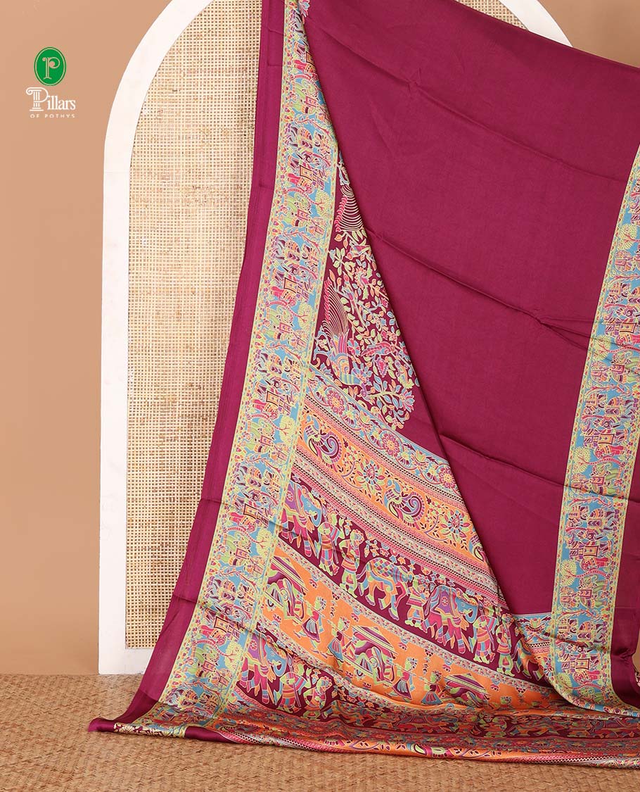 Purple plain gajji silk saree, double-sided position printed border & pallu of animal & human motifs, with floral printed blouse