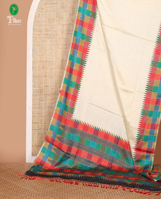 Cream zari buttas Kathan silk saree, contrast border & pallu of multi-color checks & temple design, blouse of multi-color checks & buttas