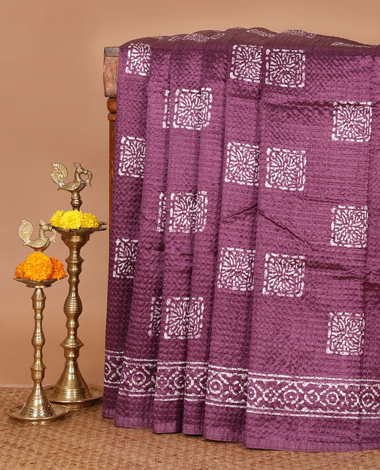 Purple batik buttas printed litchi crushed saree, batik-printed border, printed pallu & printed blouse