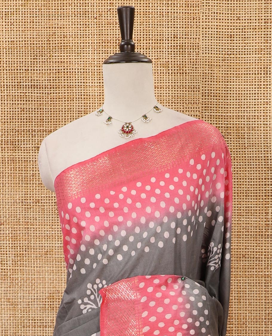 Grey batik printed Bhagalpuri cotton saree, contrast gold zari diamond-patterned border, printed pallu & pink blouse of print & zari work