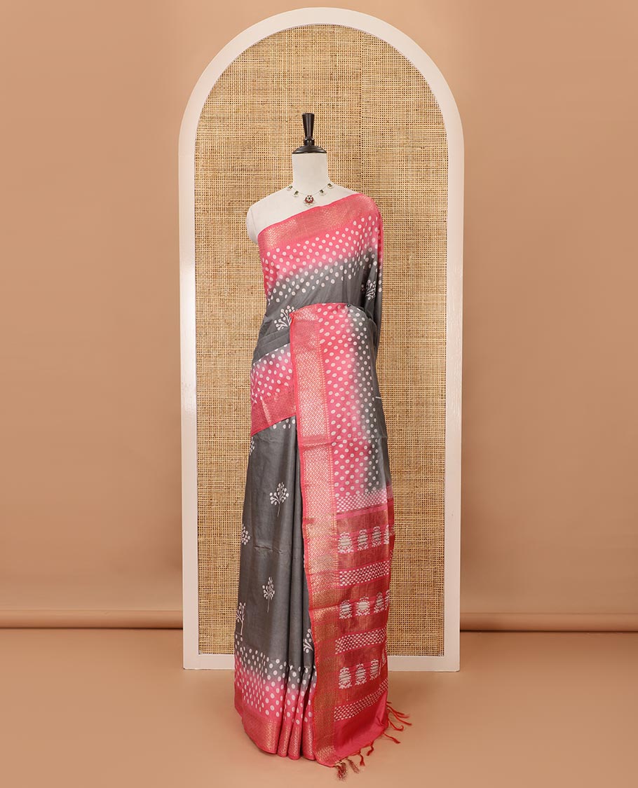 Grey batik printed Bhagalpuri cotton saree, contrast gold zari diamond-patterned border, printed pallu & pink blouse of print & zari work