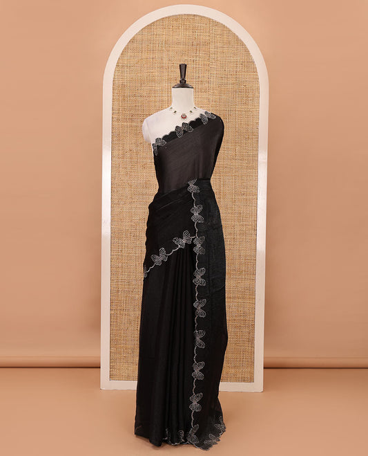 Black full-plain Fendi chiffon saree, scallop butterfly-style Swarovski stone work border & stone work matching blouse