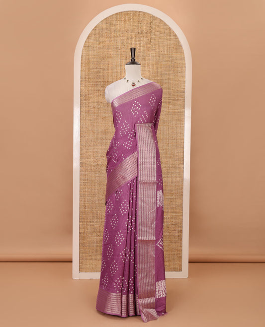 Purple Bandhani motifs printed viscose moss chiffon saree, zari design border, shibori-style pallu & blouse of zari & print work