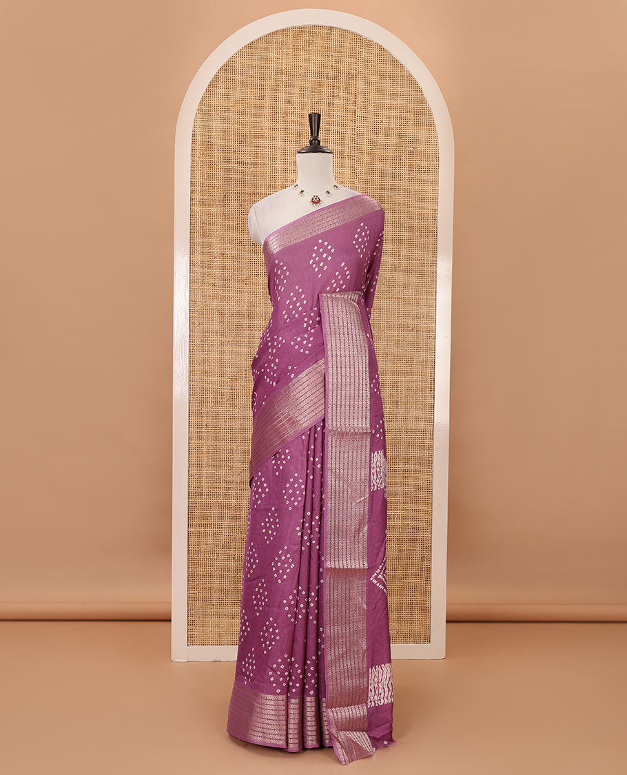 Purple Bandhani motifs printed viscose moss chiffon saree, zari design border, shibori-style pallu & blouse of zari & print work