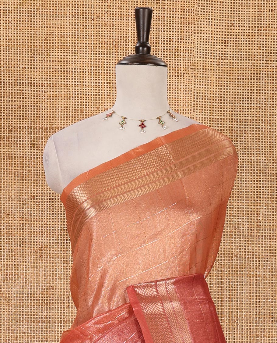 Orange-ombre zari checked tissue saree, gold zari design border, Madhubani-style digital printed pallu & Madhubani printed blouse