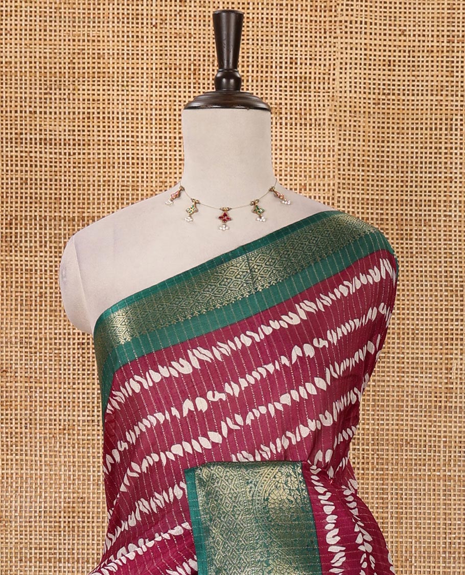 Wine zari striped & uniquely printed soft tusser saree,contrast traditional zari border,kalamkari floral print pallu & zari design blouse