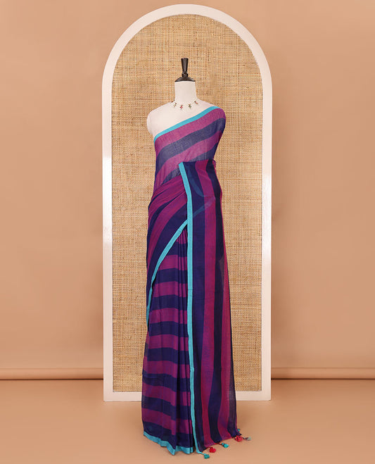 Navy blue horizontal striped khadi cotton saree, contrast piping border & matching horizontal striped blouse