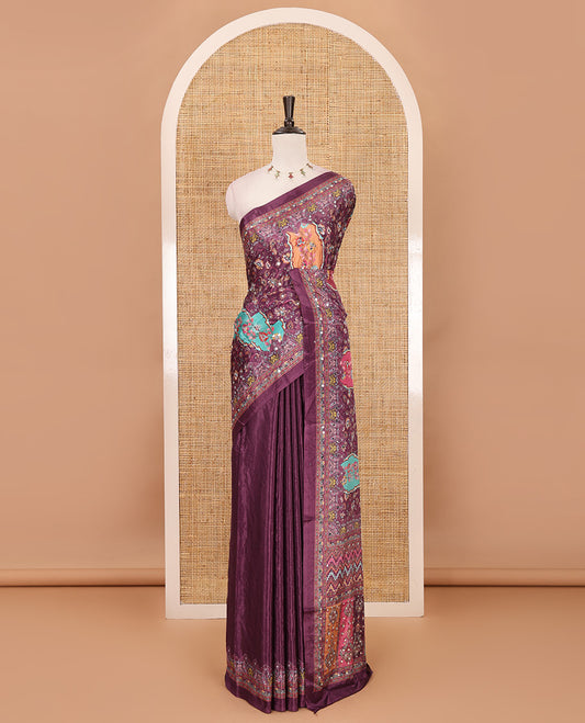 Purple geometric patterns kaleidoscope-colored printed & mirror embroidered half-&-half masakali saree, printed border & pallu of  embroidery work & plain blouse