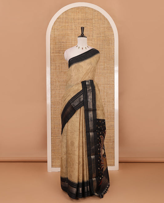 Chikku kalamkari-style flora-fauna printed mercerised cotton saree, contrast temple zari border, kalamkari peacock printed pallu & contrast printed blouse