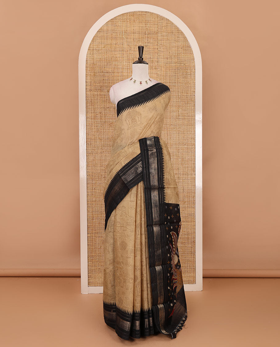Chikku kalamkari-style flora-fauna printed mercerised cotton saree, contrast temple zari border, kalamkari peacock printed pallu & contrast printed blouse