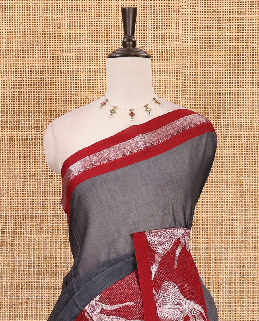 Grey full-plain Mercerised cotton saree, contrast sliver zari Dancing Bharatanatyam girl motifs woven border, striped pallu & plain blouse