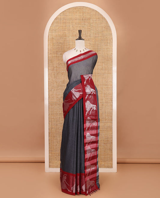 Grey full-plain Mercerised cotton saree, contrast sliver zari Dancing Bharatanatyam girl motifs woven border, striped pallu & plain blouse